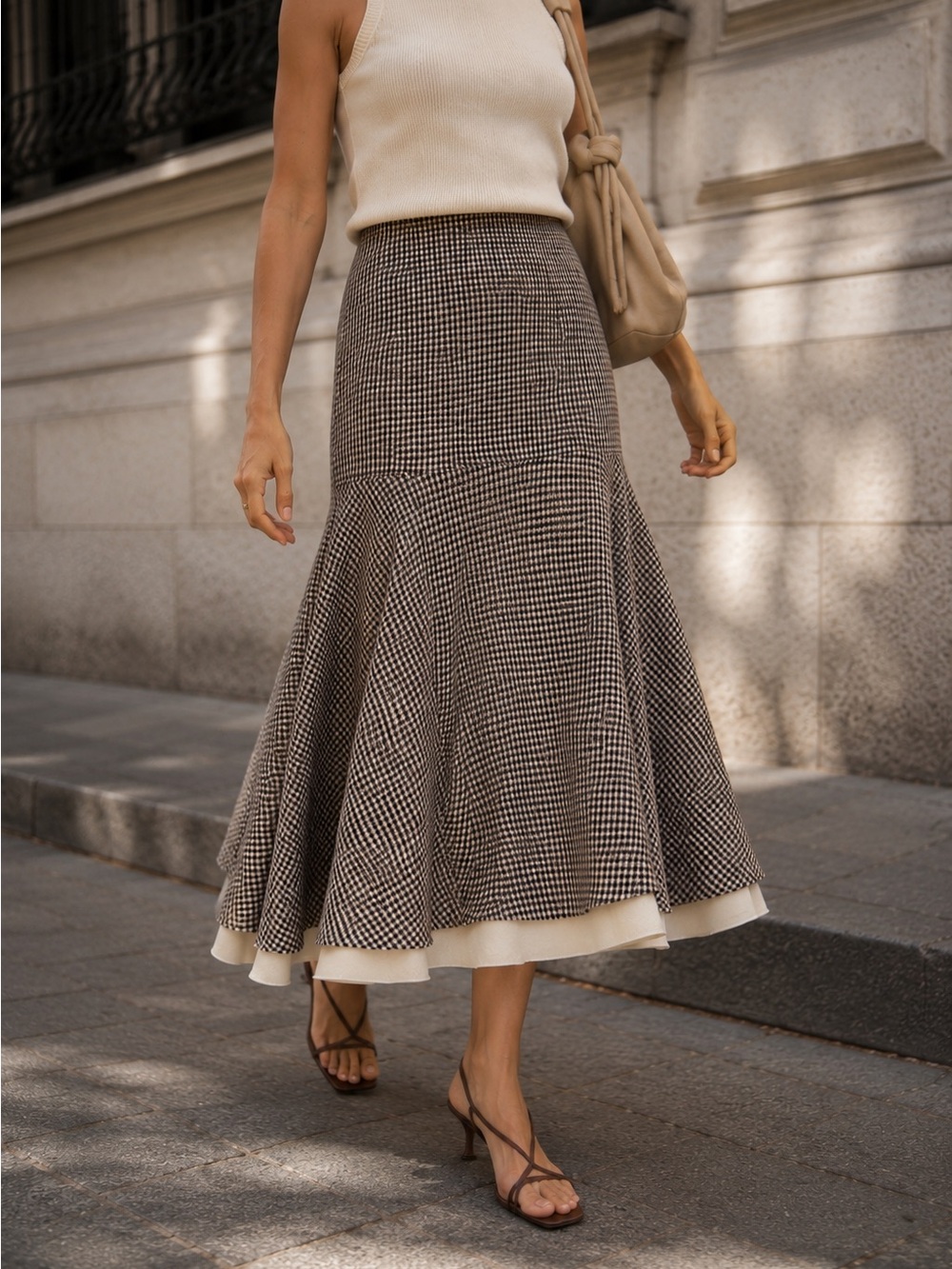 Zara Gingham Midi Skirt M Black Ivory Flared A-Line Lined High Waist NWT - Picture 2 of 8